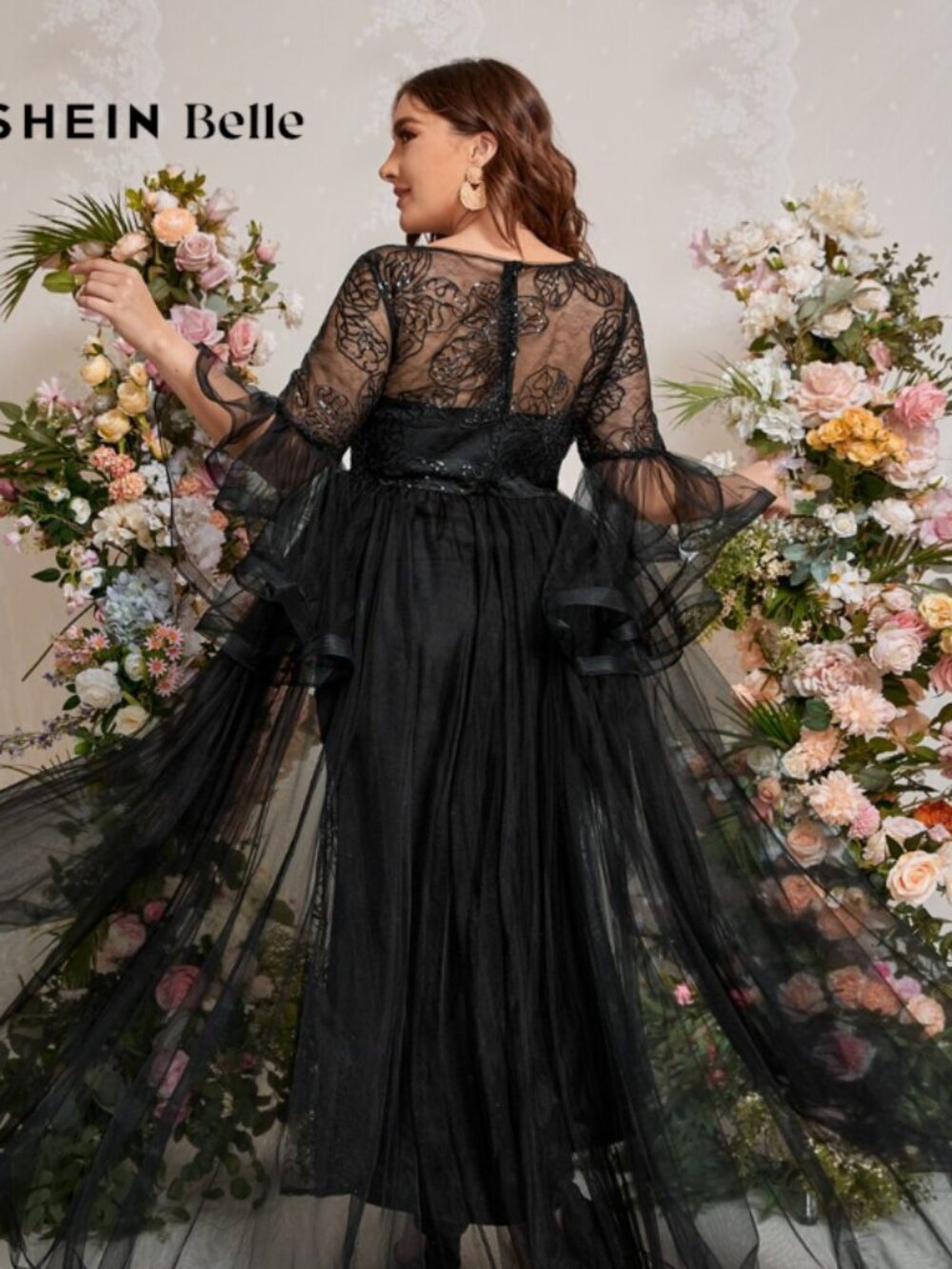 SHEIN Belle Plus Layered Sleeve Embroidery Mesh Dress - Picture 3 of 13